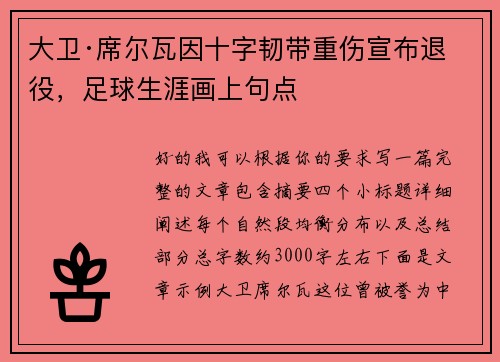大卫·席尔瓦因十字韧带重伤宣布退役，足球生涯画上句点