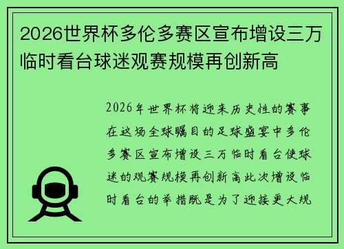 2026世界杯多伦多赛区宣布增设三万临时看台球迷观赛规模再创新高 2026世界杯多伦多赛区宣布增设三万临时看台球迷观赛规模再创新高