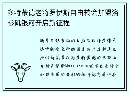 多特蒙德老将罗伊斯自由转会加盟洛杉矶银河开启新征程
